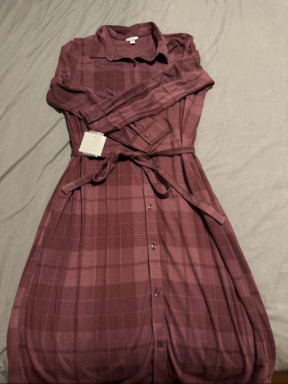 Falls Creek Burgundy Plaid Long-Sleeve Shirt Dress with Waist Tie